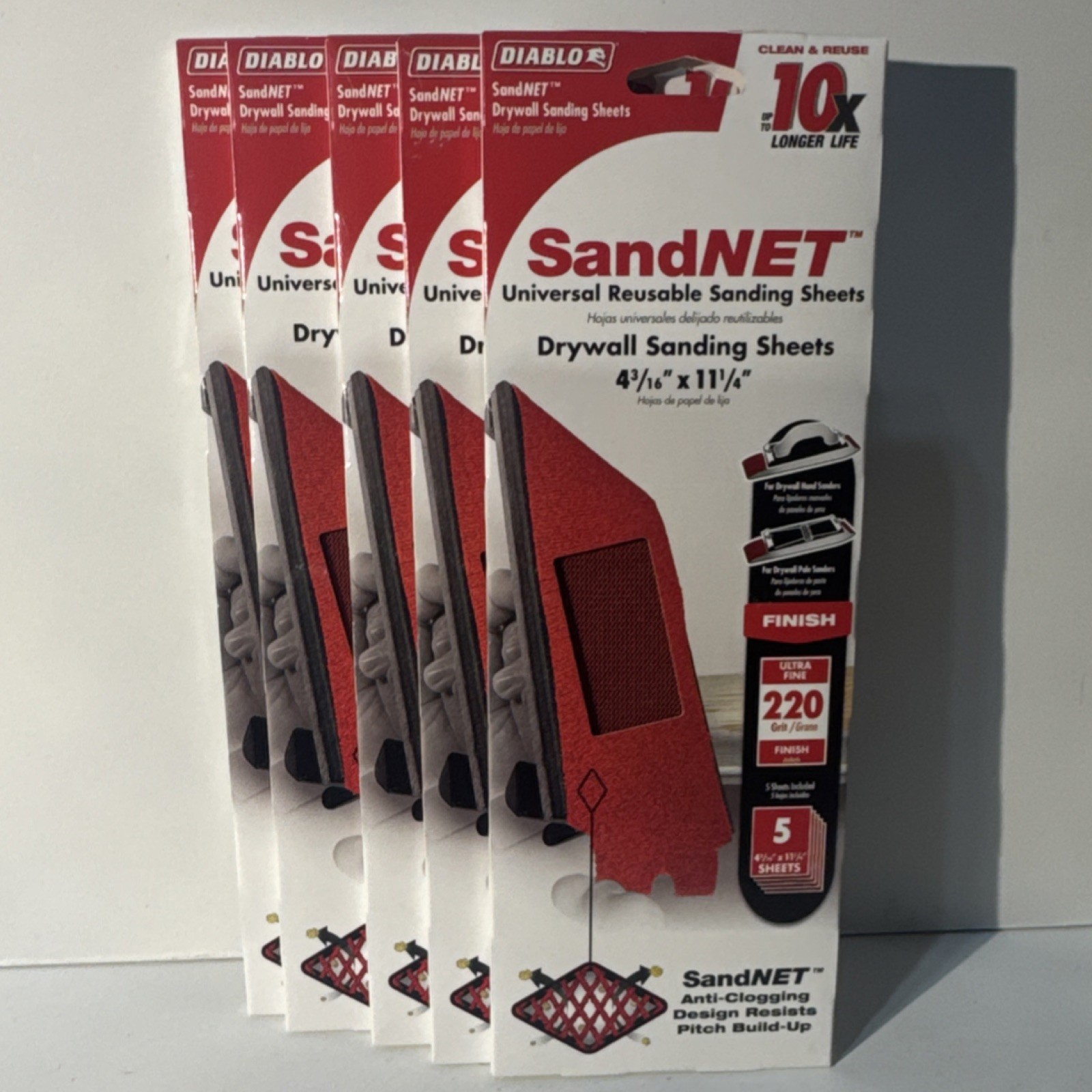 5x Diablo SandNET 220 Grit Sanding Sheets 4-3/16×11-1/4in Red Drywall