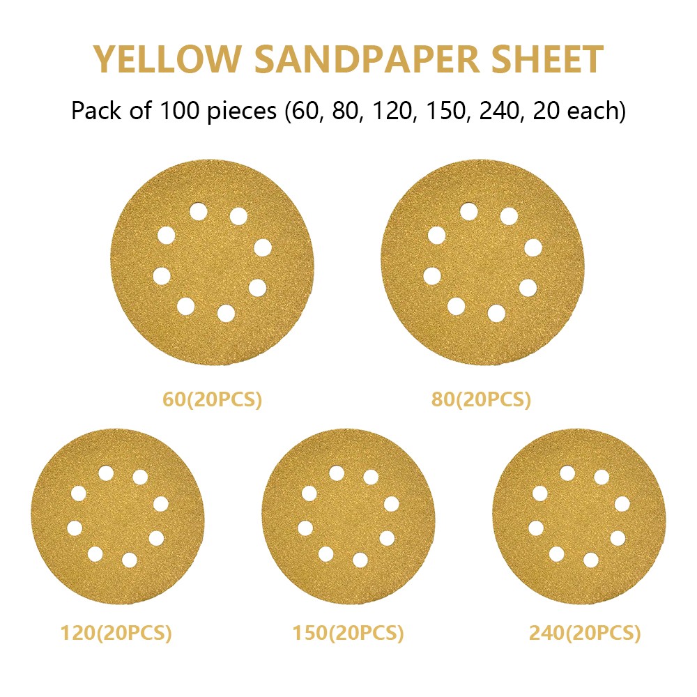 100PCS 60 80 120 150 240 Grit Sanding Discs 5inch 8-Hole Hook Loop Sander Paper