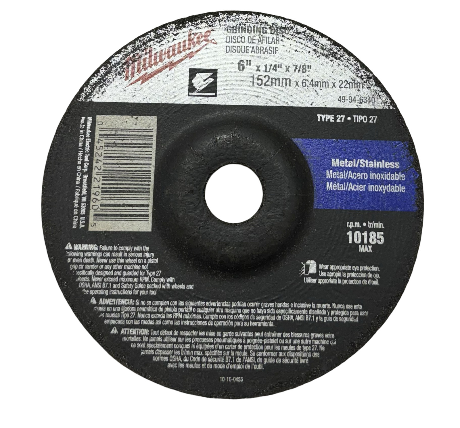 Milwaukee 6″ x 1/4″ x 7/8″ Grinding Wheel Metal Stainless Type 27