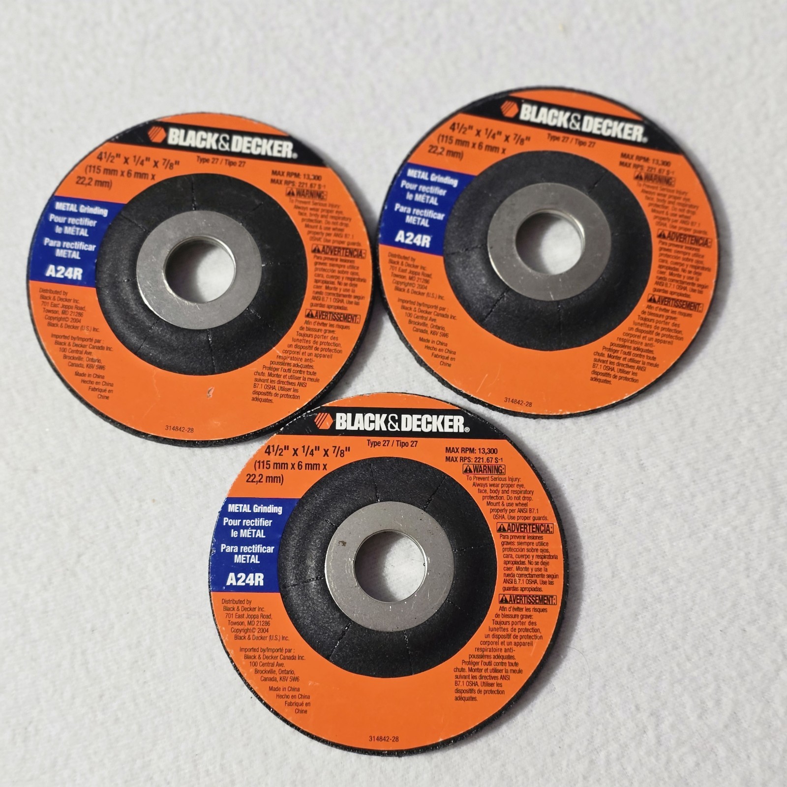 BLACK+DECKER Type 27 Metal Grinding Wheel 4-1/2in x 1/4in x 7/8in A24R 3pk