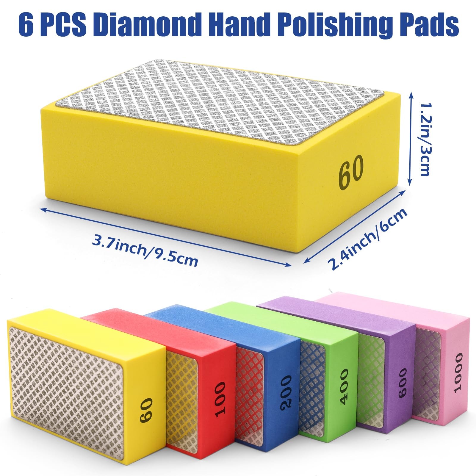 6 Pack Diamond Hand Polishing Pads Sanding Blocks for Glass Wood Ceramic Marble