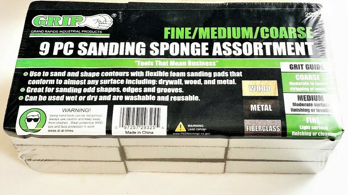 9pc GRIP TOOLS SANDING SPONGE ASSORTMENT WET DRY DRYWALL FINE MEDIUM COARSE