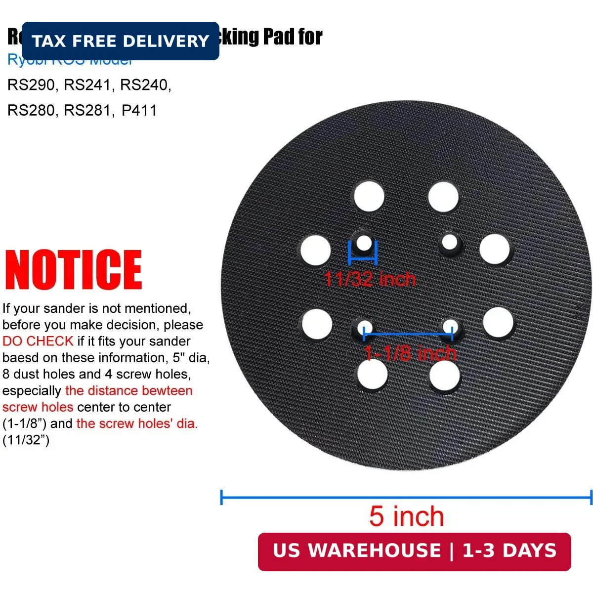 5″ Replacement Sander Pad for Ryobi Sander, Aluminum Oxide Grit, Compatible with