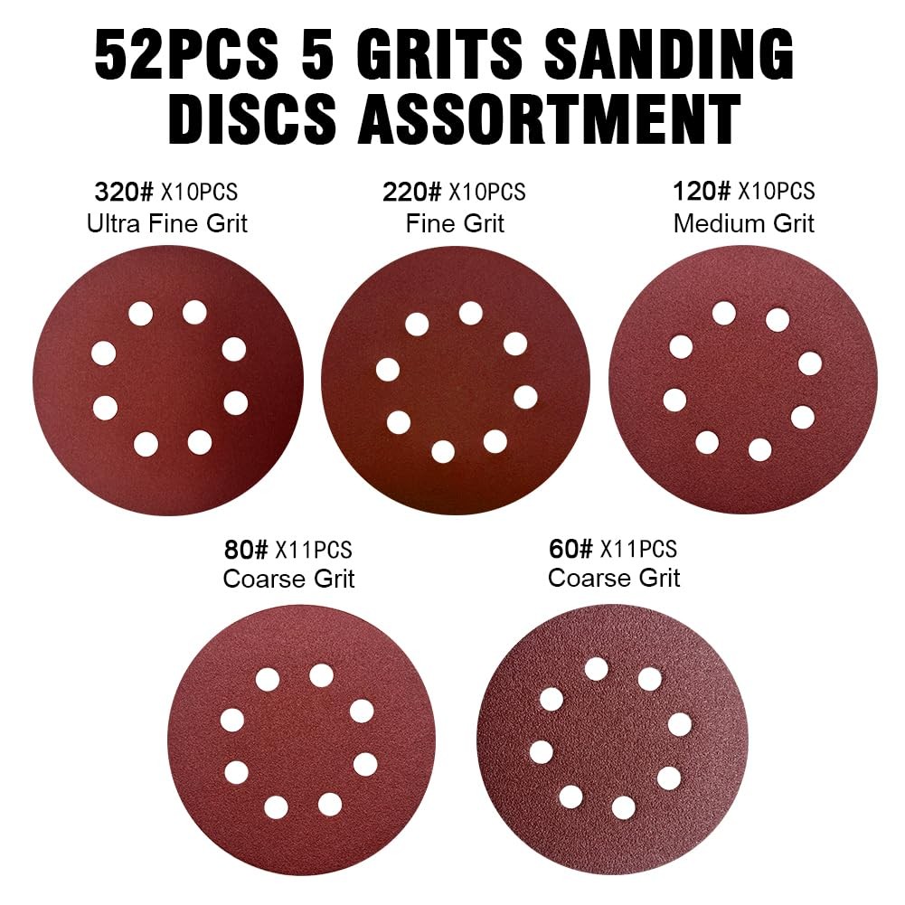 52 Pack 5 Inch 8Hole Hook and Loop Sanding Discs Sandpaper Red Round 60 80 12…