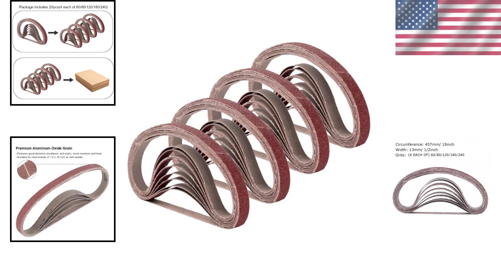 1/2 Inch x 18 Inch Sanding Belts 20 Pack Aluminum Oxide Grits 60 80 120 180 240