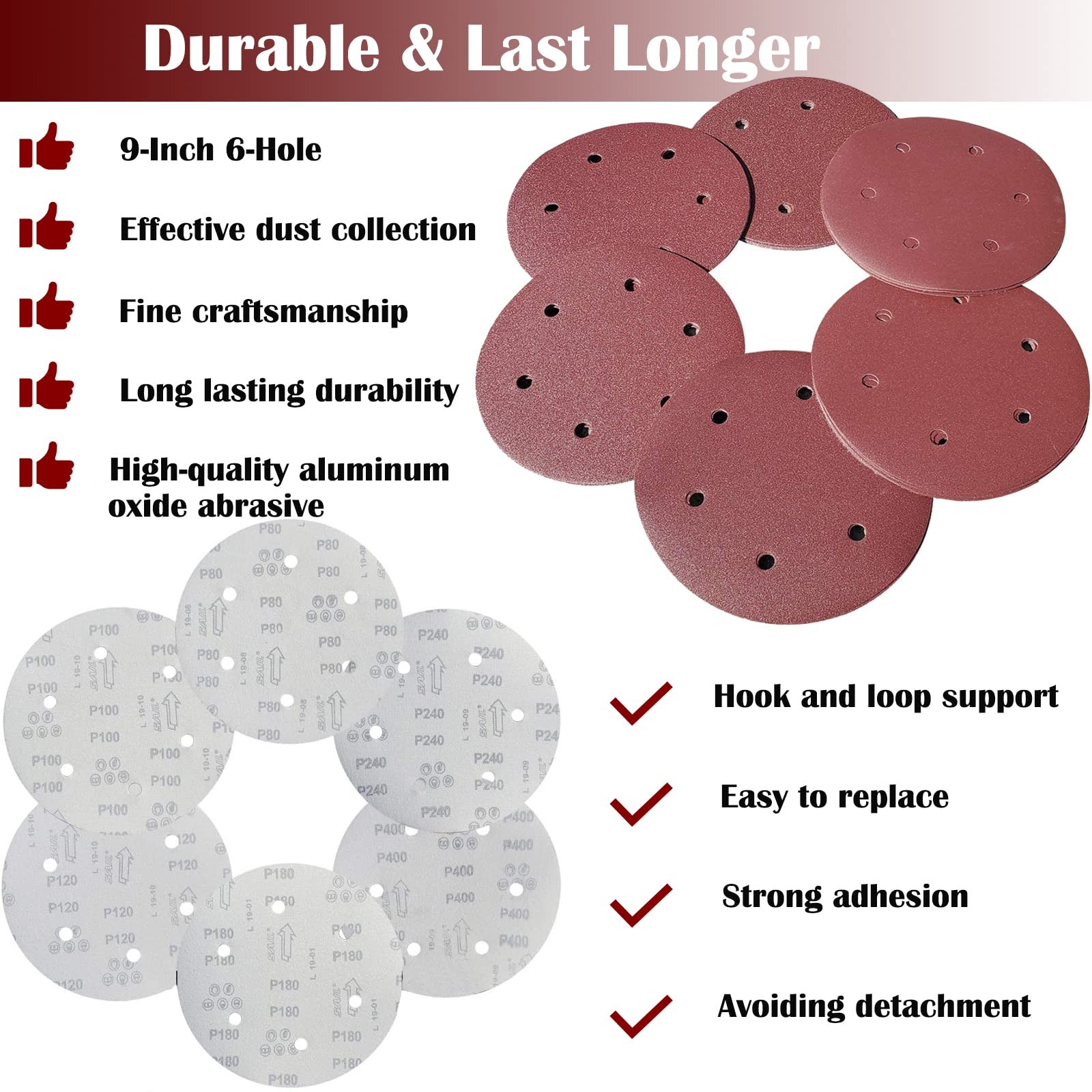 30 PCS 9 Inch 6 Hole Drywall Sanding Discs Set- 80 100 120 180 9 inch, Brown