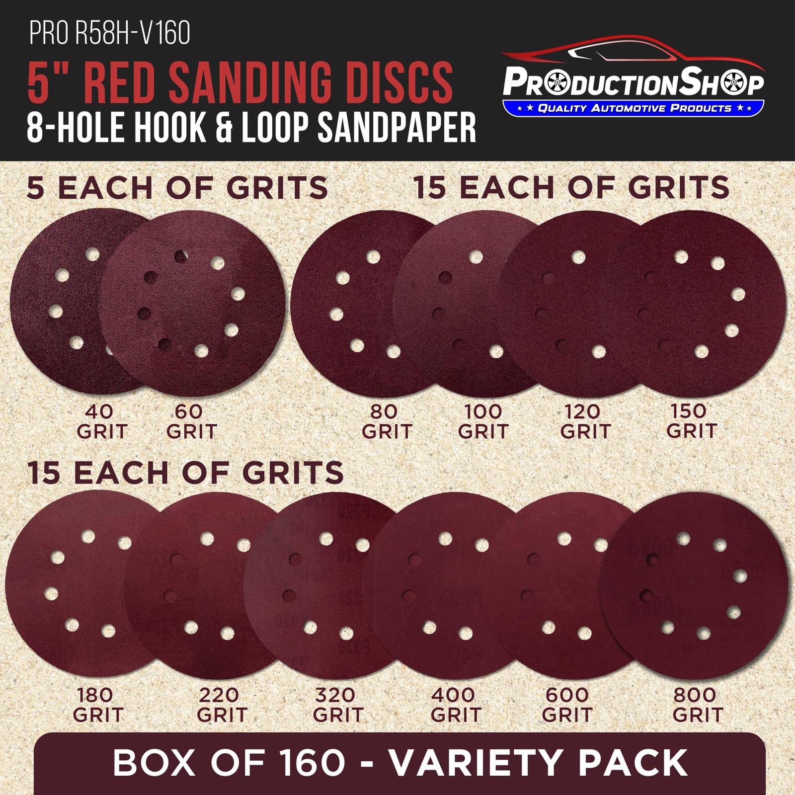 160 Pack 5 inch Sanding Discs 8-Hole Red Variety Pack Grit, Hook ,Loop Sandpaper