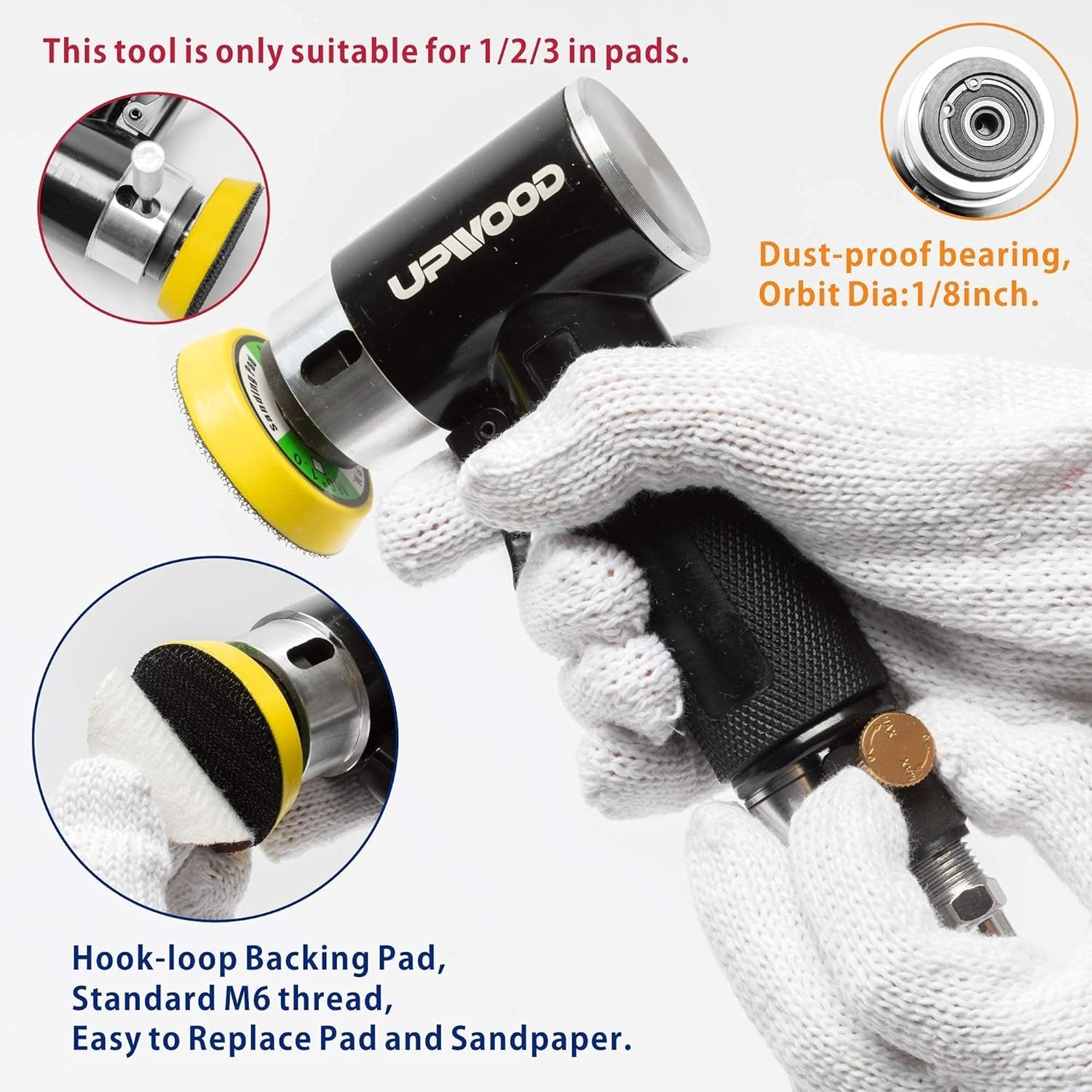 2” 3” Mini Orbital Air Sander by UPWOOD, Small Pneumatic 2/3inch, Black