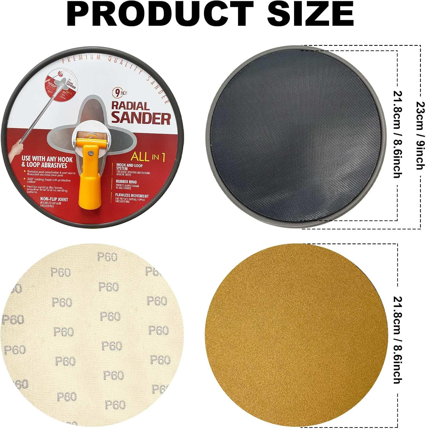 Drywall Sander 9 Inch Radial round Pole Sander with 11Pcs Sanding Discs Hook