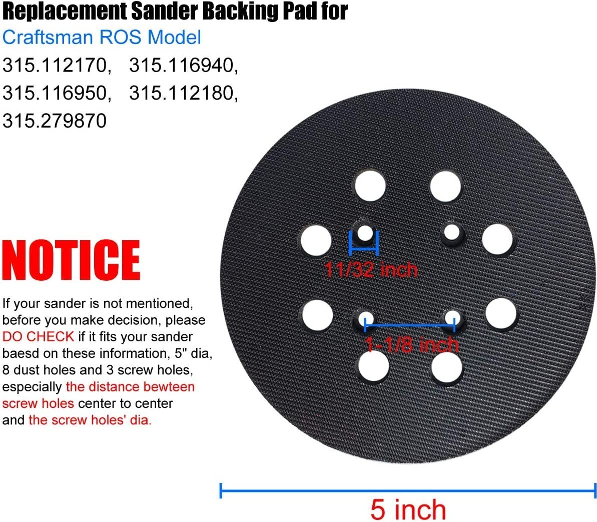 2 Pack 5 Inch 8 Hole Hook and Loop Replacement Sander Pad for Craftsman 315 M…