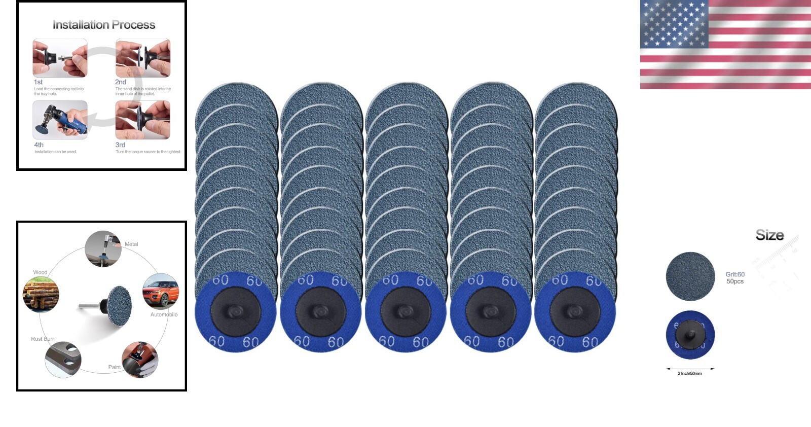 50 Pcs Zirconia Quick Change Sanding Discs, 2 Inch P60 Grit for Tough Grinding