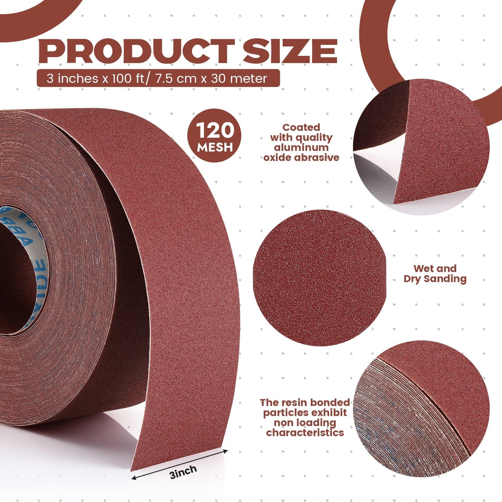 120 Grit Sandpaper Roll 3″x100ft – Aluminum Oxide Emery Cloth for Wood Furniture