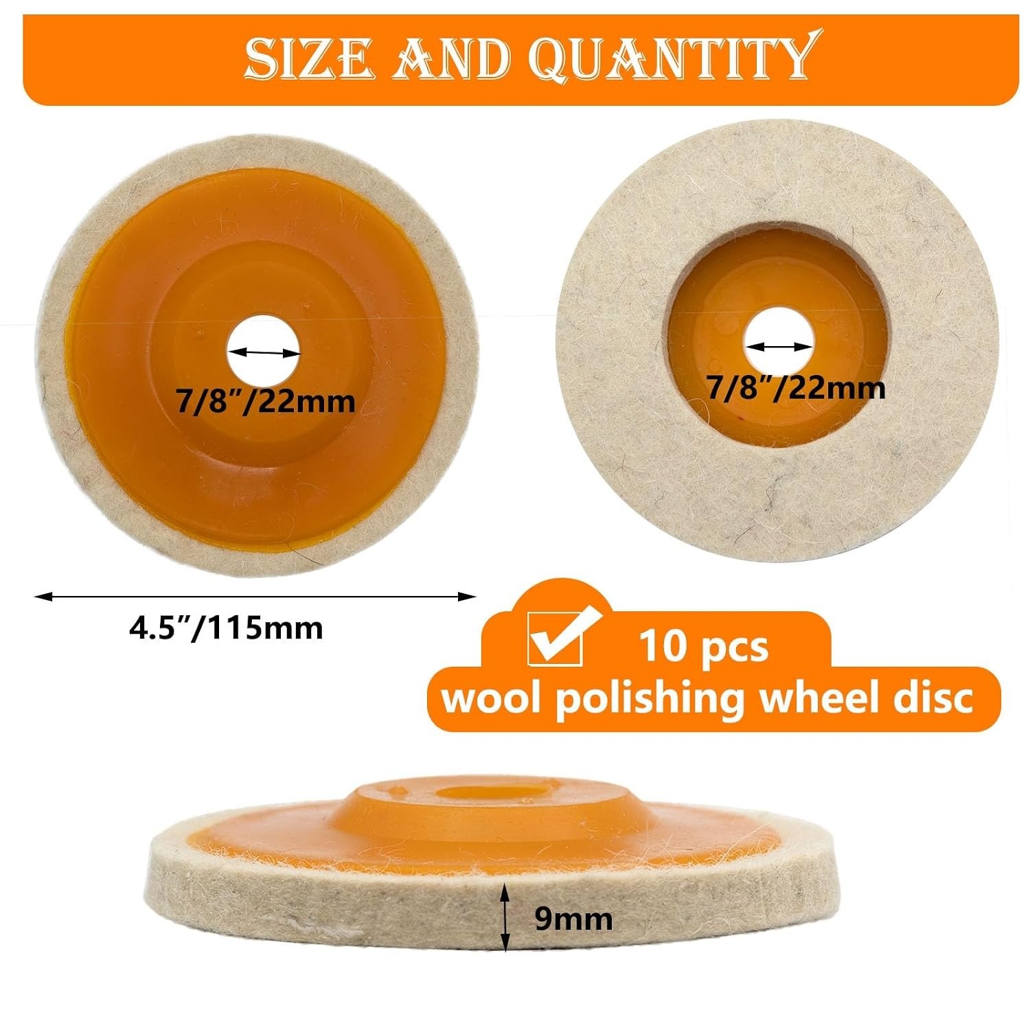 10PK 4.5 In Wool Felt Polishing Wheel Disc for 7/8 in. Arbor for Metal Glass etc