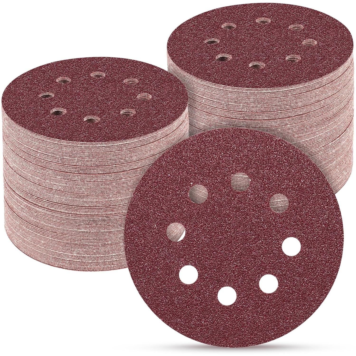 150PCS 5 in A/O Sanding Discs 60 Grit Hook & Loop 8-Hole For Metal & Woodworking