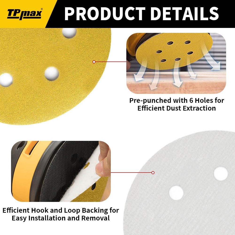 100PCS 6 Inch 400 Grit 150mm 6 Hole Sanding Discs Sandpaper – 6 Inch, Gold