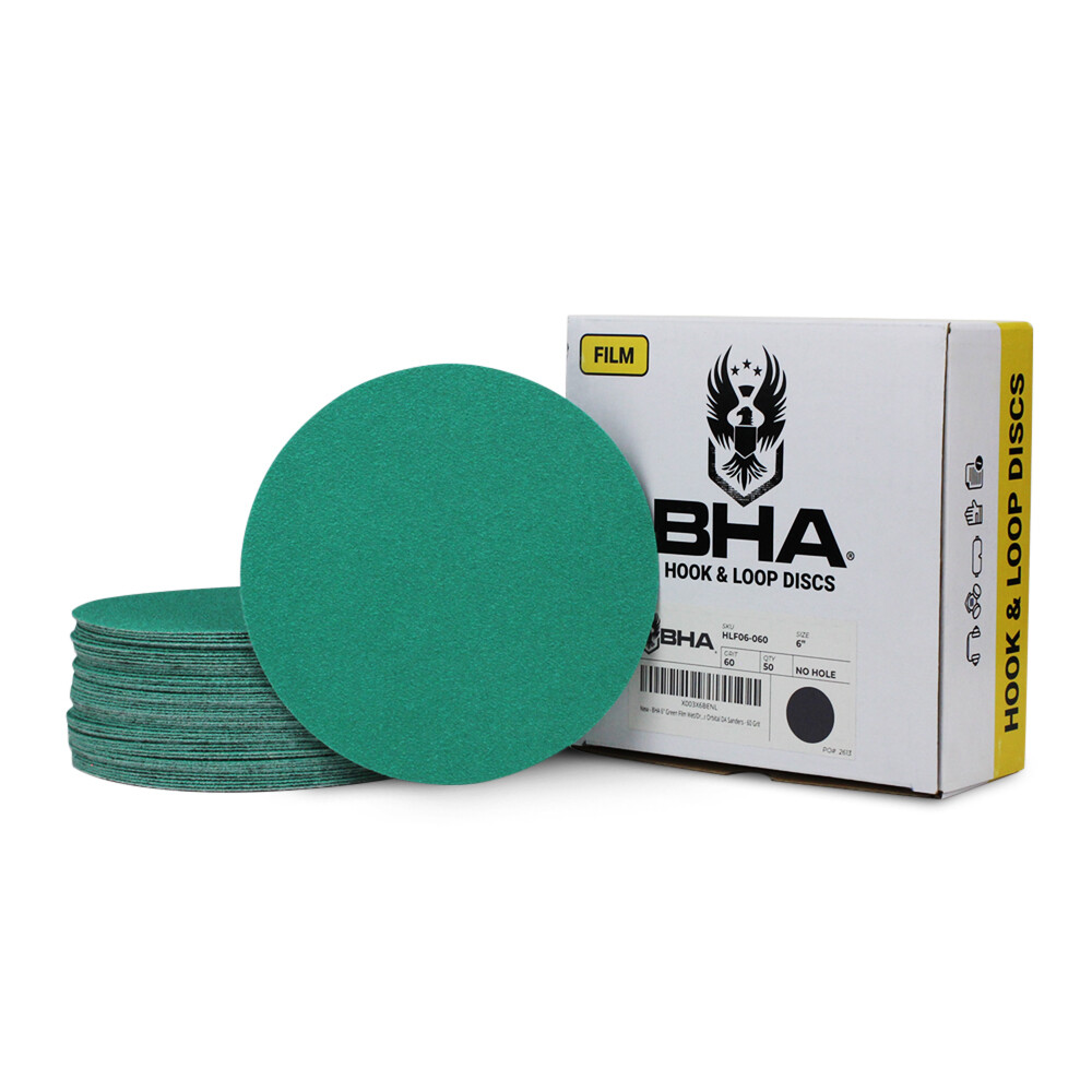 BHA 6″ Green Film Hook & Loop Sanding Discs, Wet/Dry Orbital Sandpaper – 50 Pack