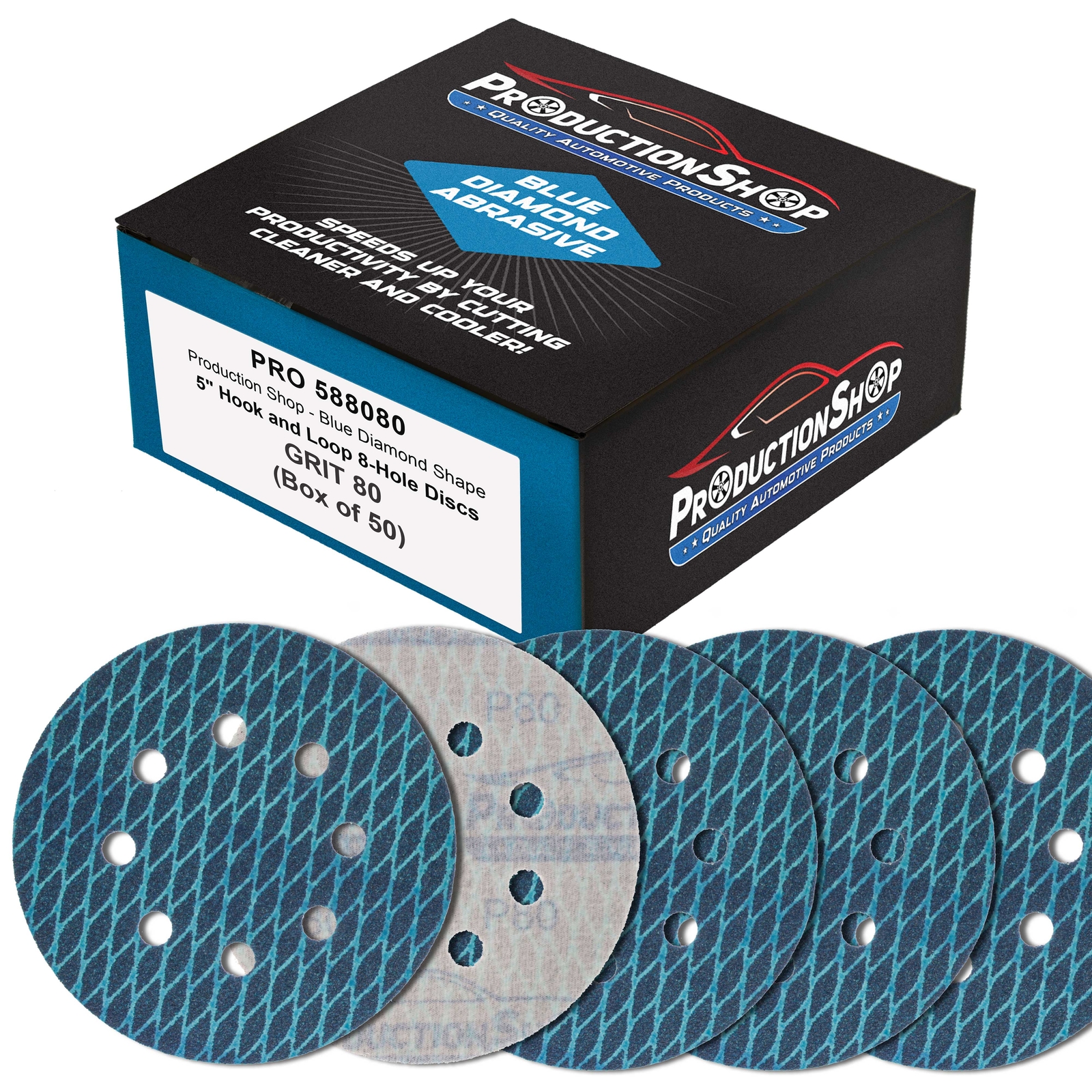 80 Grit 5″ Diamond Shape Sanding Discs, 8-Hole, Box of 50 Hook & Loop Sandpaper