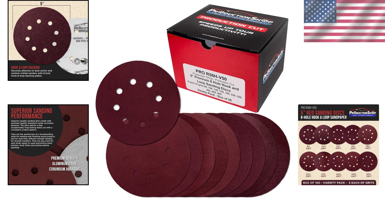 100 Pack 5 inch Sanding Discs 8-Hole Red Variety Pack Grit, Hook ,Loop Sandpaper