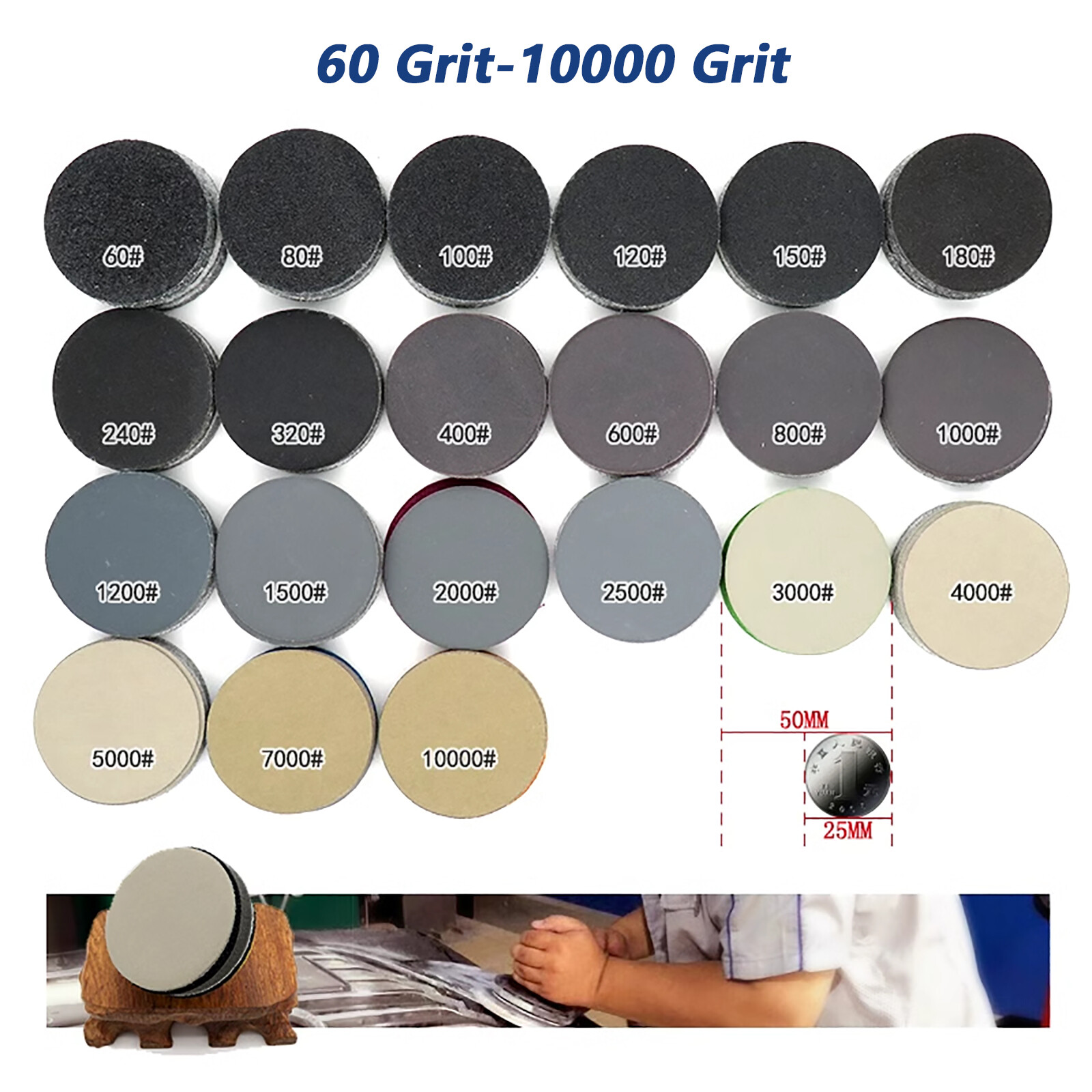 2 inch 50mm Hook Loop Sanding Disc Sandpaper Pads Wet & Dry 60 Grit -10000 Grit