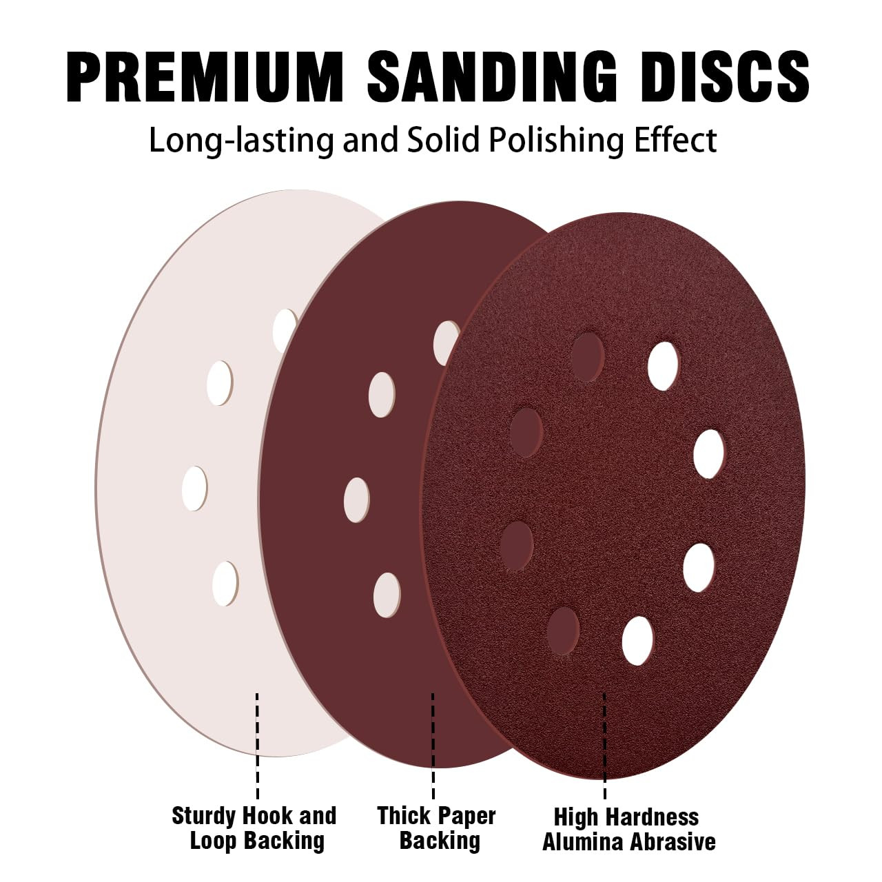 52 Pack 5 Inch 8-Hole Hook and Loop Sanding Discs Sandpaper Red round 60 80 120