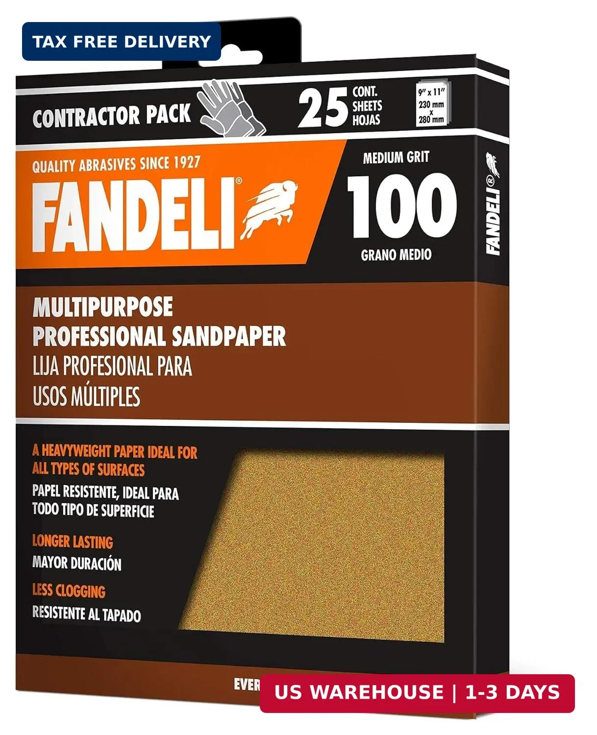 Multi-Purpose Sandpaper | 100 Grit | 25 Sheets of 9” x 11” | Ideal f