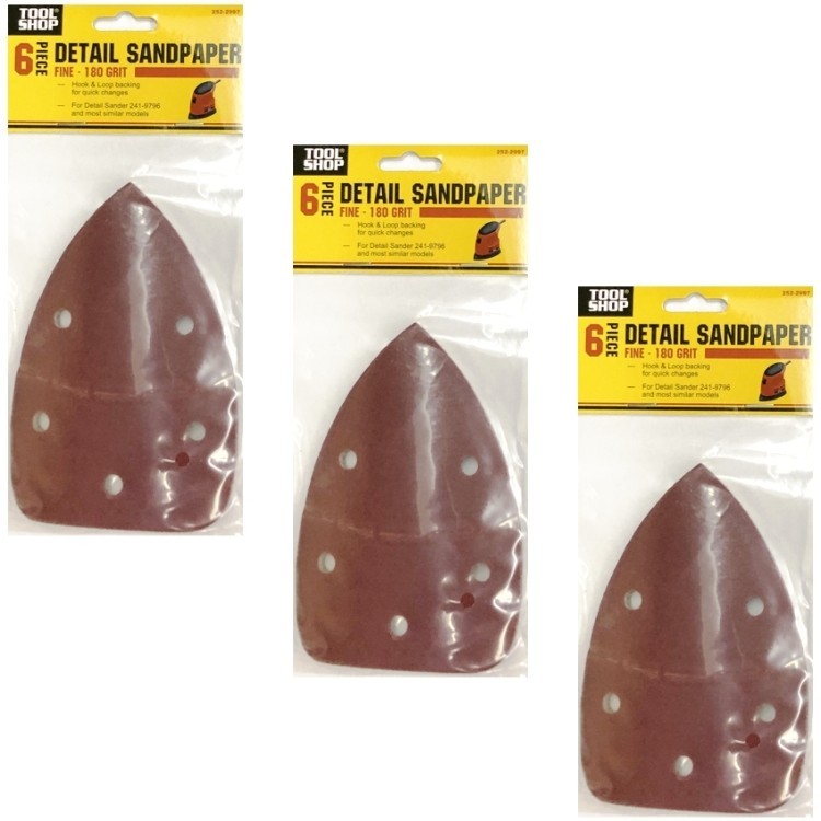 Lof of 3 – Tool Shop Detail Sandpaper – Fine 180 Grit (6 Pack) For Hand Sanders
