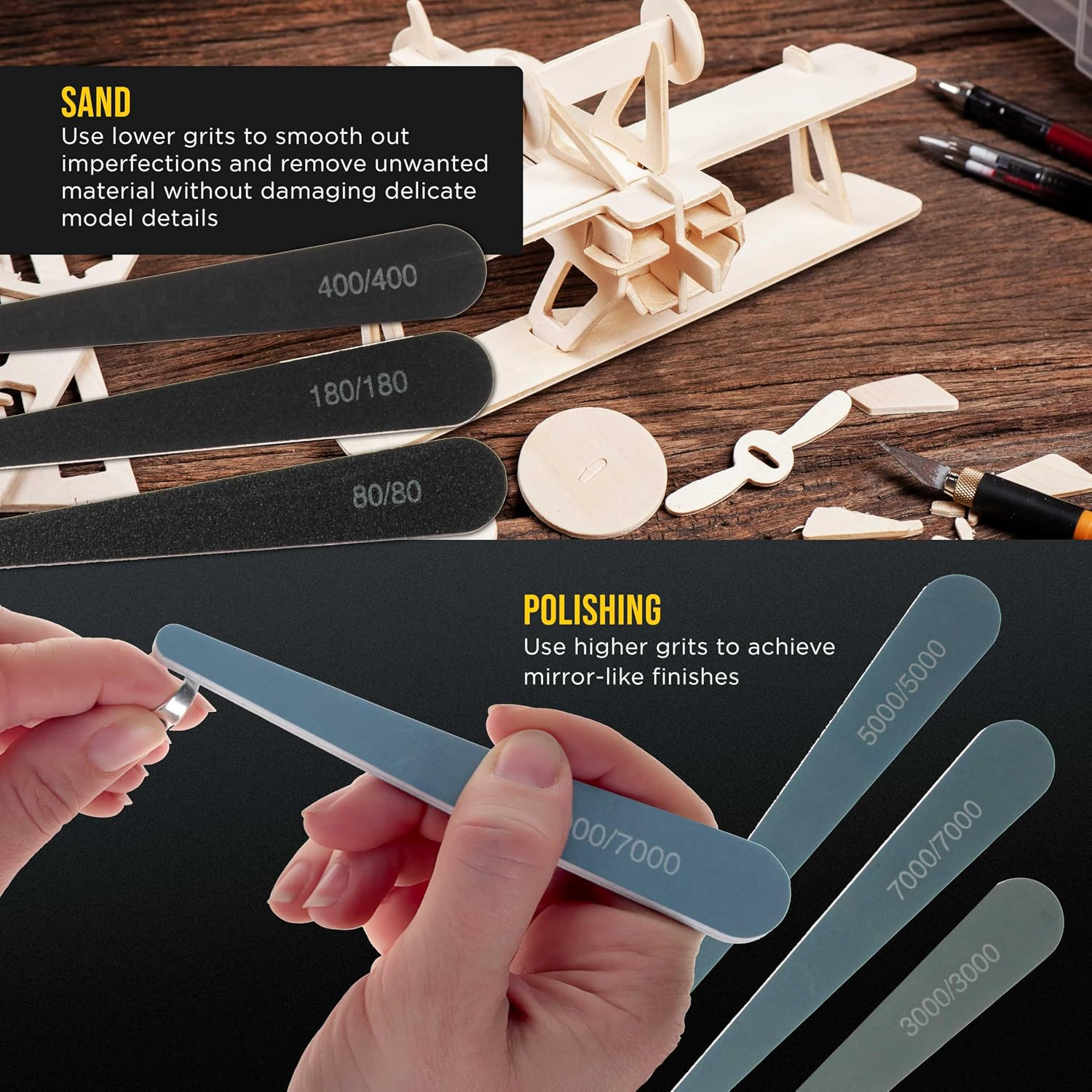 Sanding Sticks and Polishing Sticks for Plastic Models, Pack of 20-2 Each of 10