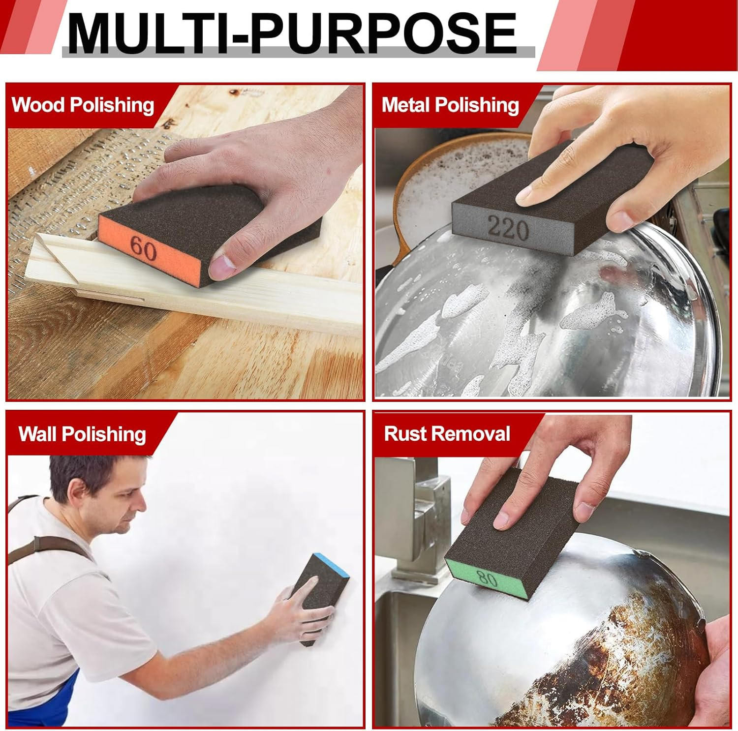 8 Pack Sanding Sponge Blocks, Assorted Grits for Wood, Metal & Drywall