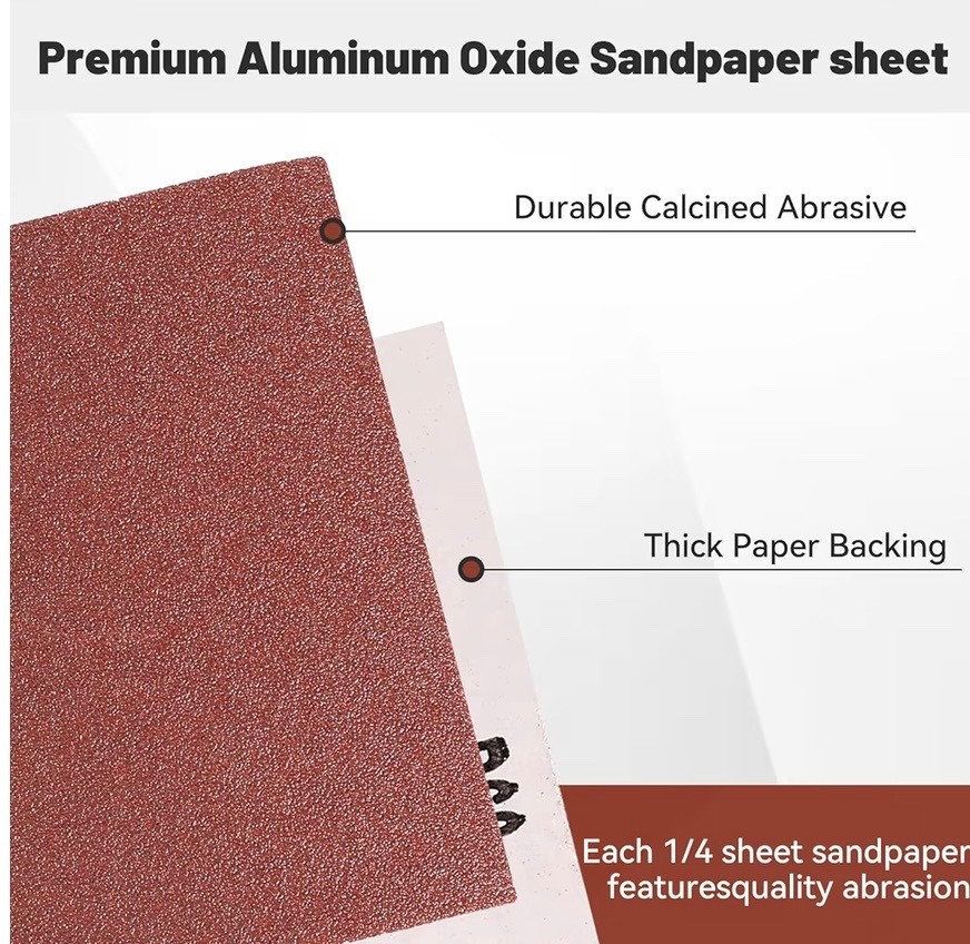 50 Pack 1/4 Sandpaper Sheet – 4-1/2” x 5-1/2”, P60 Grit, Red Aluminum Oxide, Pla
