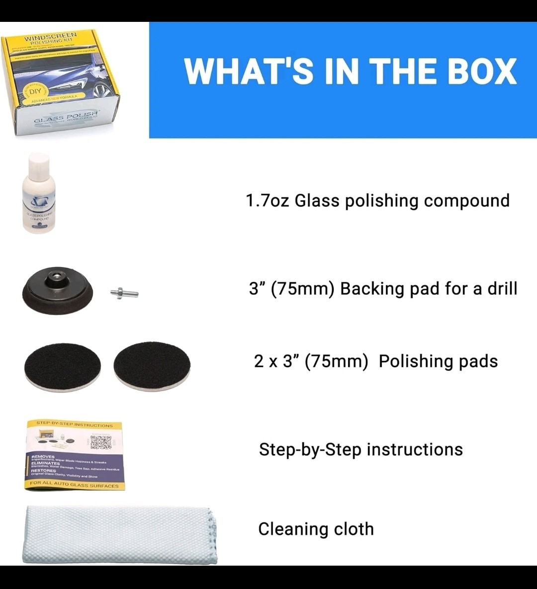 Glass Polish Windscreen Polishing Kit 1.7oz Compound, 3″ Pad, Drill Attachment