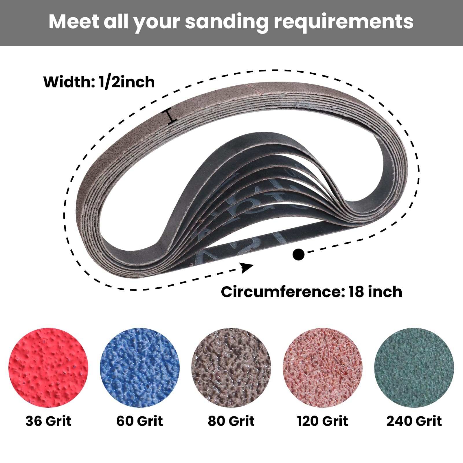Funghwang 40PCS 1/2 x 18 inch Sanding Belt Kit Each of 36 60 80 120 240 Grits…
