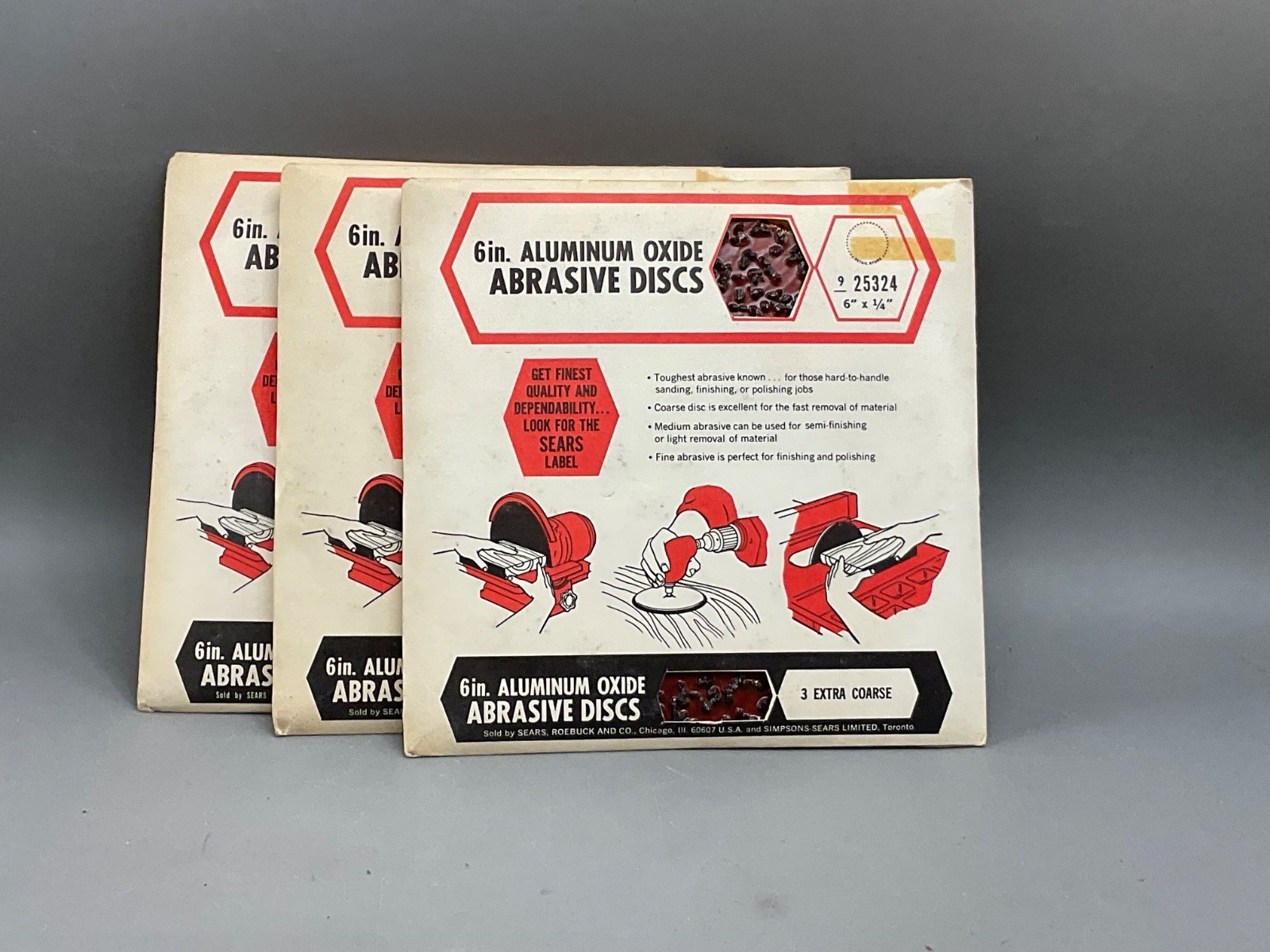 Sears 6 in. Aluminum Oxide Abrasive Dics 9 Extra Coarse in original packaging.