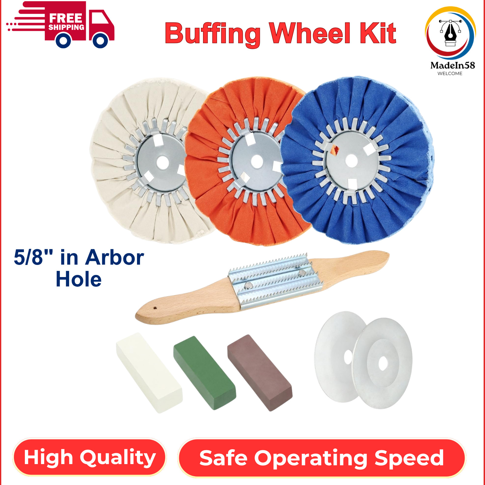 9 Pcs 8Inch Airway Buffing Wheel Aluminum Wheel Polishing Kit 5/8″ For Angle