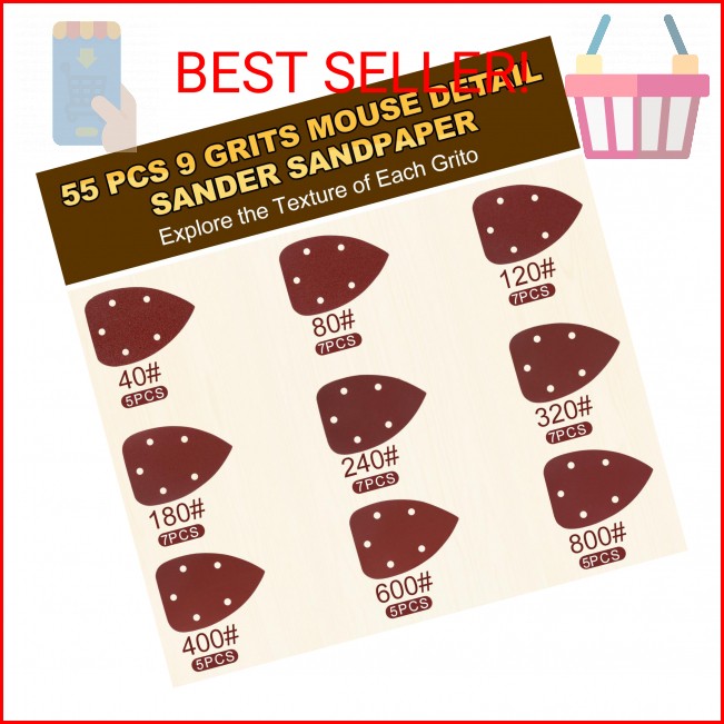 Giwiemi 55Pcs Mouse Detail Sander Sandpaper, 9 Grits Triangle Sanding Pads