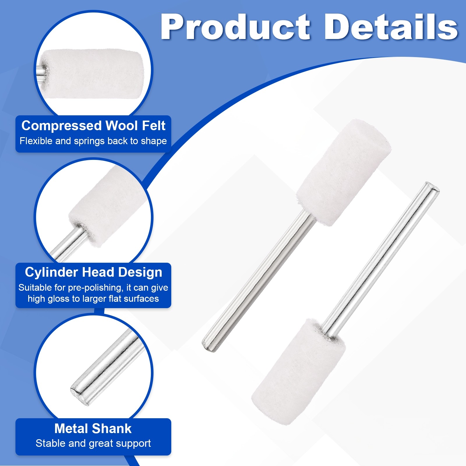 12 Pcs Wool Felt Mounted Mandrel Points 8mm Cylinder Head with 1/8″ Shank