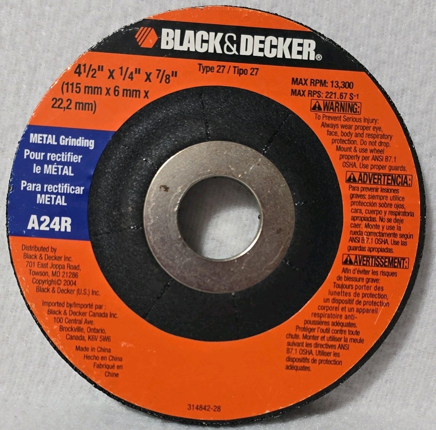 BLACK+DECKER Type 27 Metal Grinding Wheel 4-1/2in x 1/4in x 7/8in A24R 3pk