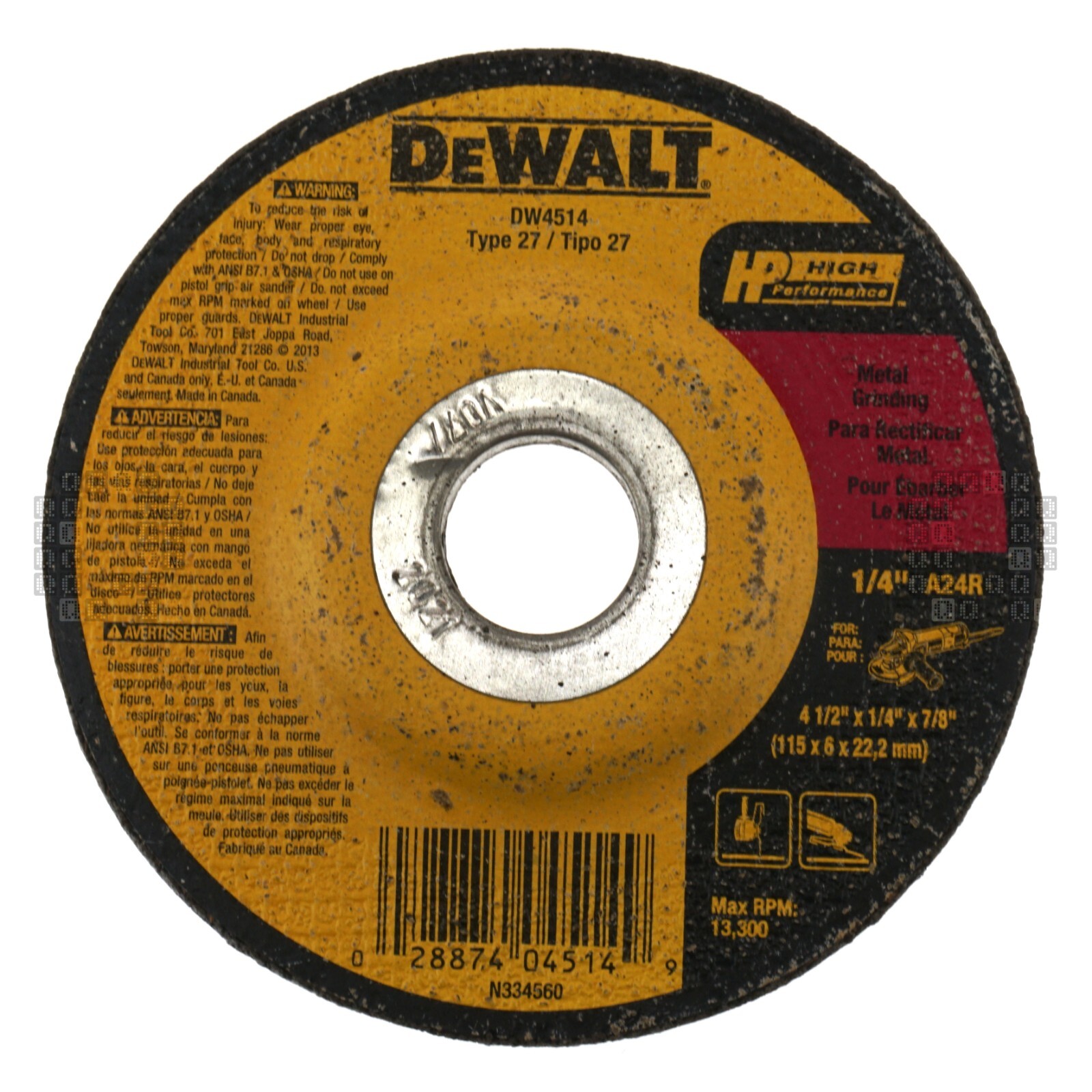 DeWALT DW4514 4-1/2″ Diameter Aluminum Oxide Abrasive Grinding Wheel, 1/4″ Thick