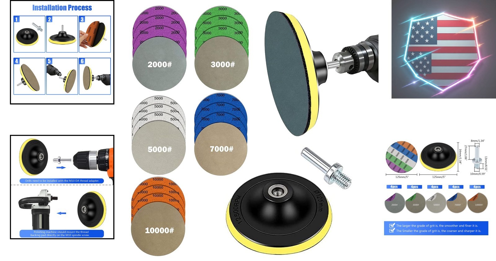 Water Grit Sandpaper 2000/3000/5000/7000/10000 and 5-inch Backing Pad Set, We