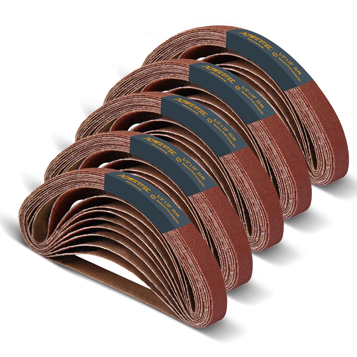 POWERTEC 1/2 x 18 Inch Sanding Belts, 50PK, 10 each of 40/80/120/180/240 Grit…