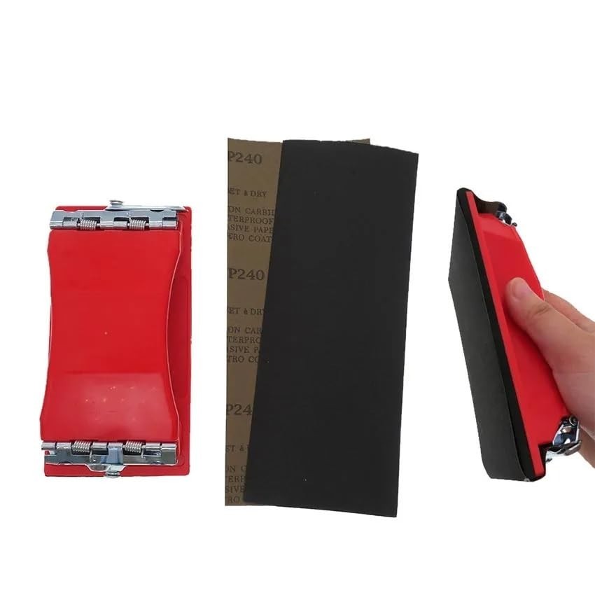 Durable hand sanding block with secure clip-on sandpaper holder.
