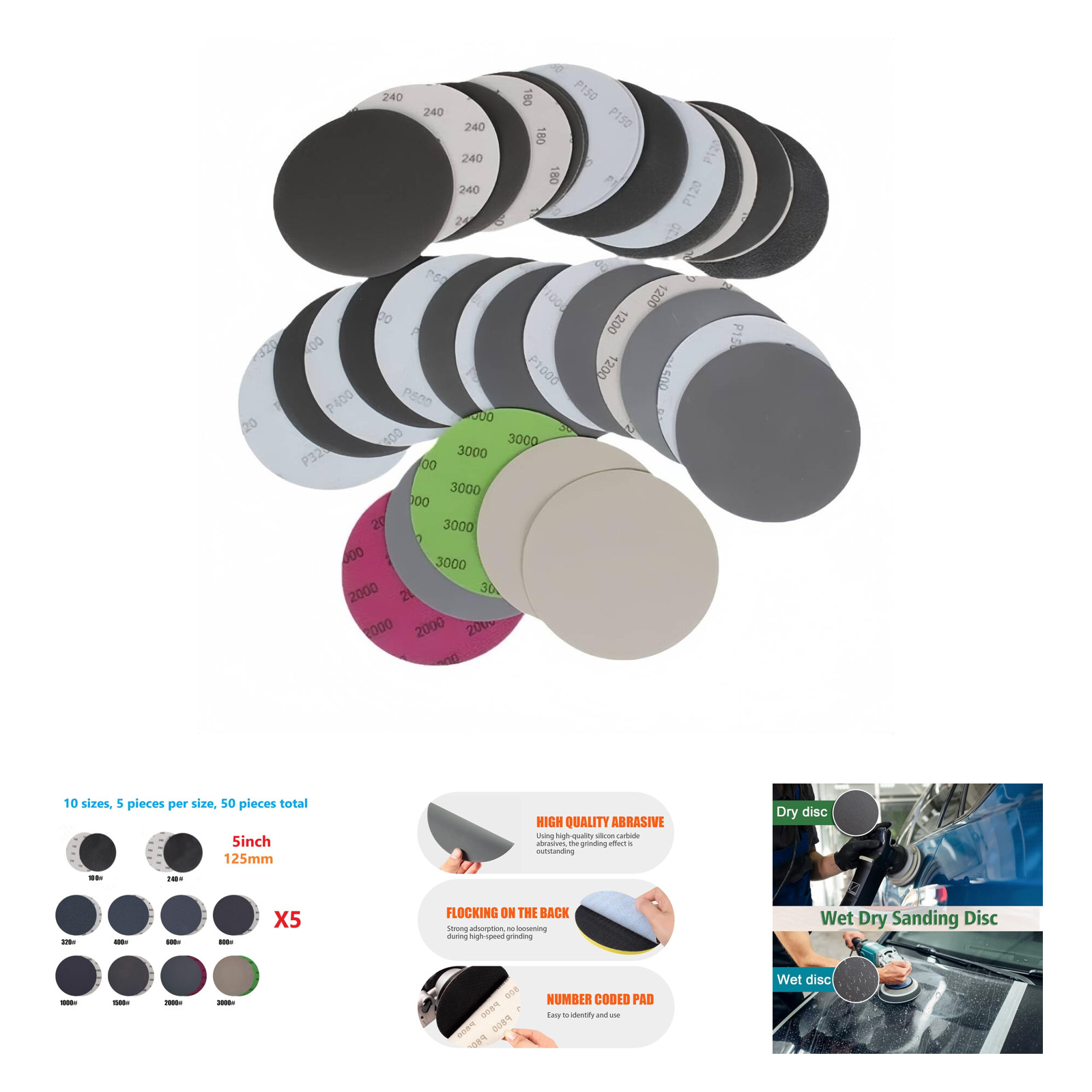 Wet Dry Sanding Discs 50 Pack 125mm Grits 100 240 320 400 600 800 1000 1500 2000