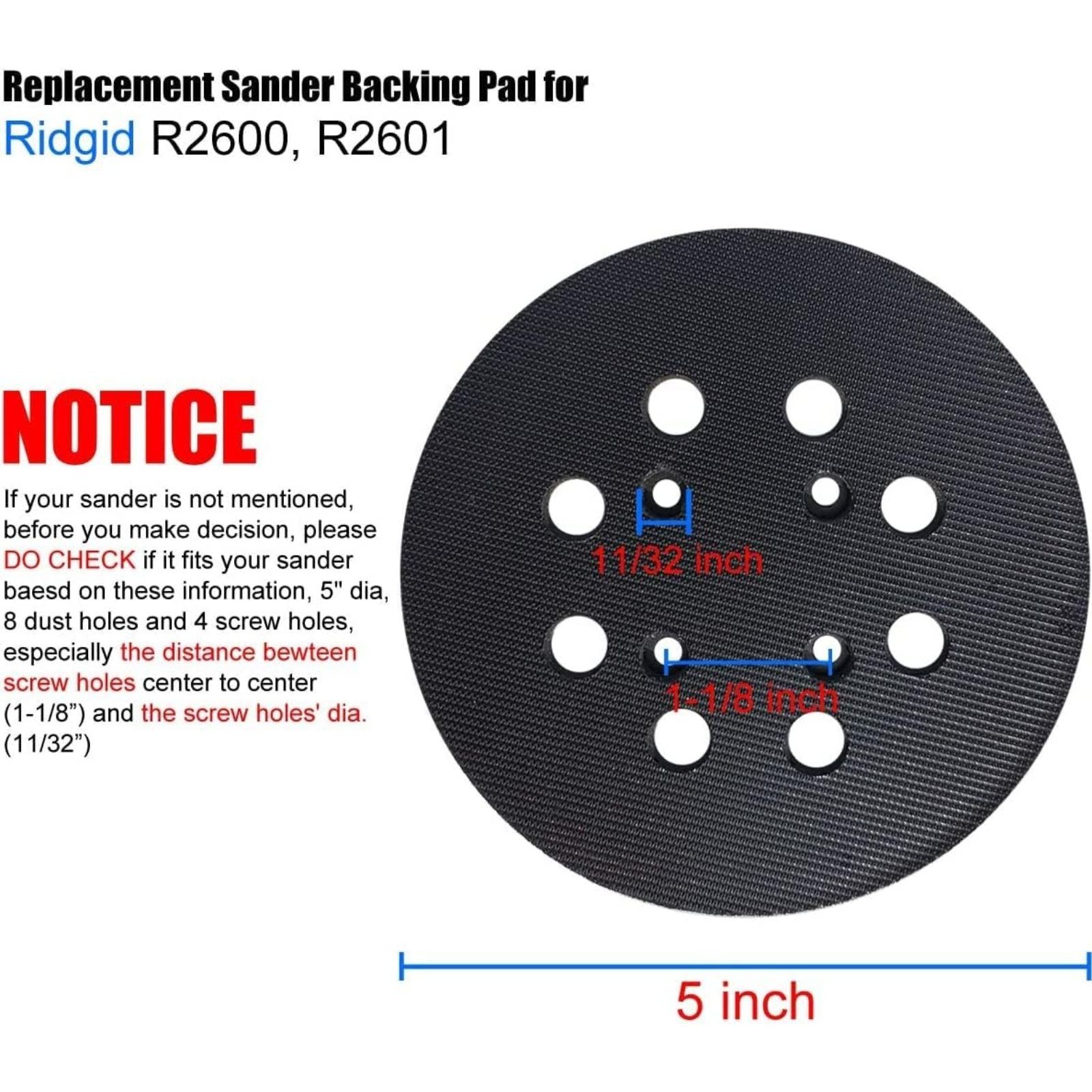 2 Pack 5 Inch 8 Hole Hook and Loop Sander Pad for Ridgid R2600, R2601 5″