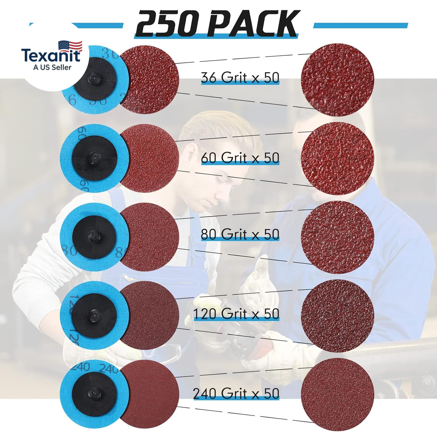 250 Pcs Mix Roll Lock Discs Set 36 60 80 120 240 Grit 2 Inch Sanding Discs Die G