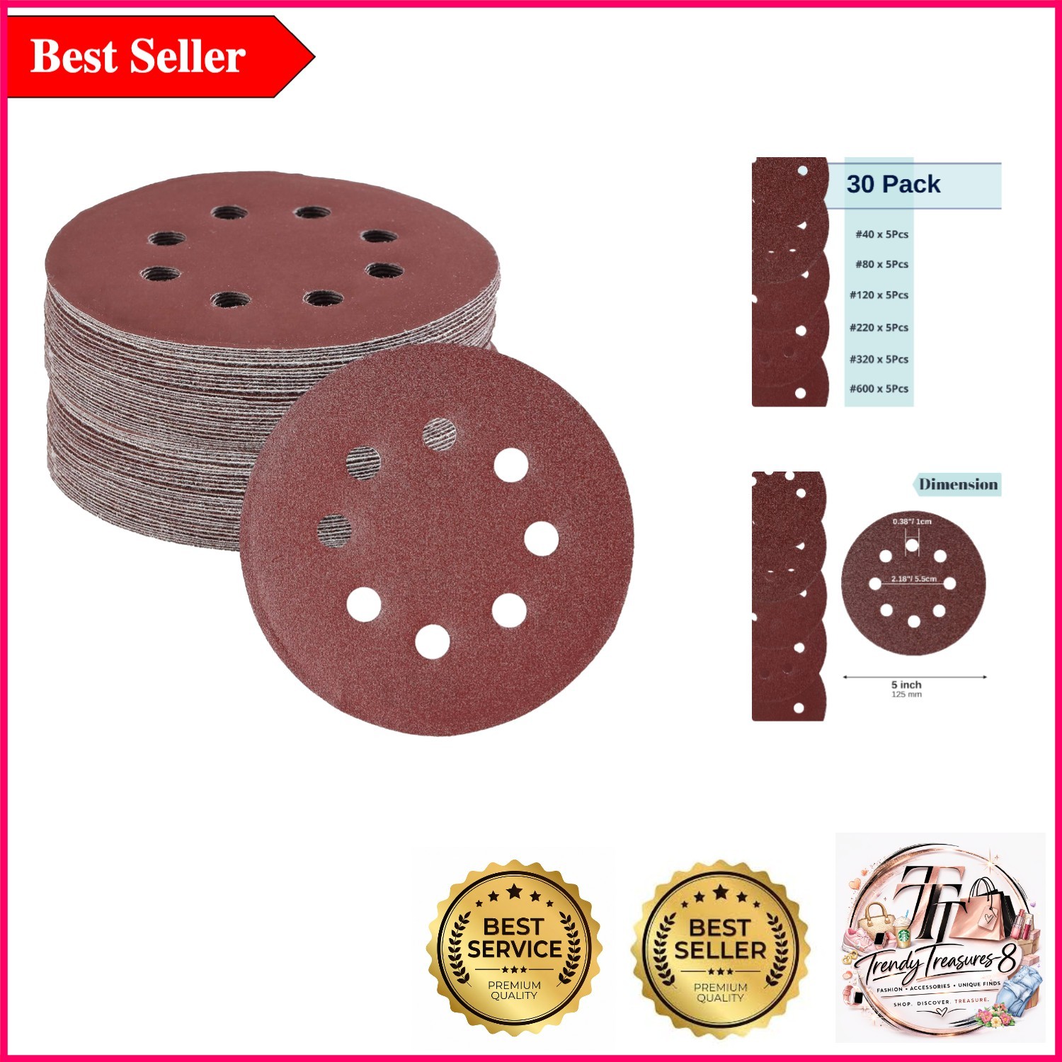 Bates 5-Inch Assorted Grits Sanding Discs – 30 Pack for Multi-Material Grindi…