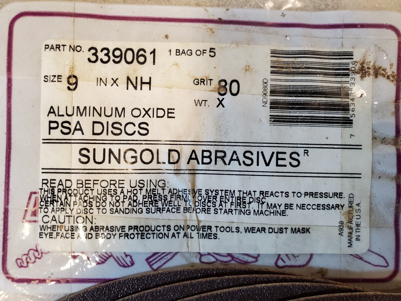4 Sungold Abrasives 339061 PSA Sanding Discs, Aluminum Oxide, 9 in, 80 grit