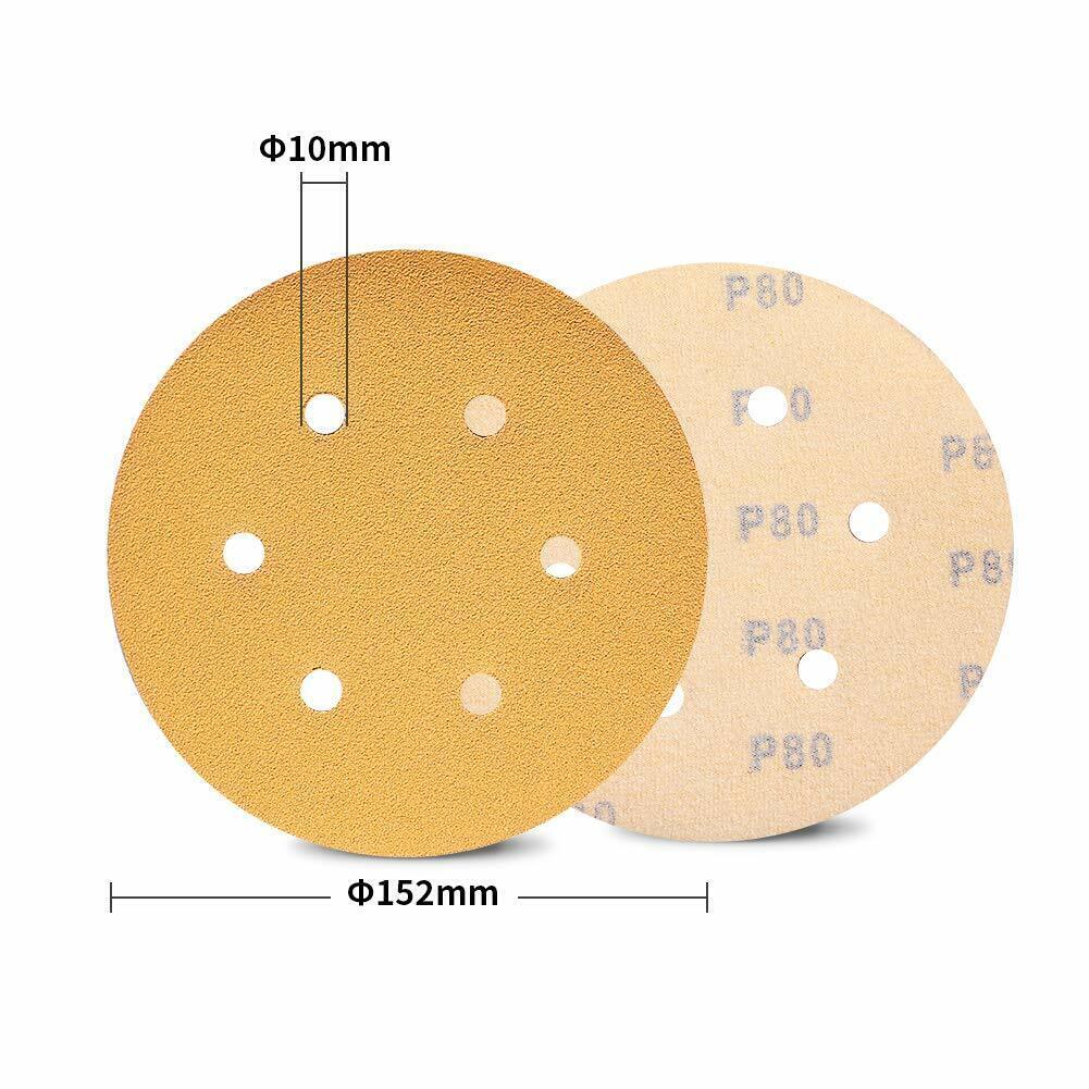 Premium 100PCS 6 in 6-Hole Gold Sanding Discs 120 Grit Hook Loop Sandpaper 150MM