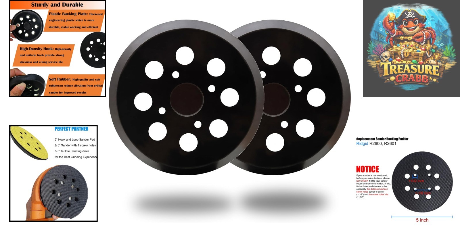 2 Pack 5 Inch 8 Hole Hook and Loop Sander Pad for Ridgid R2600, R2601 5″