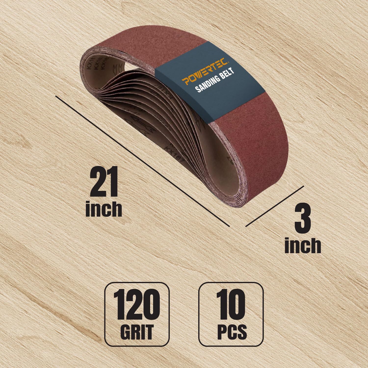 Powertec 3×21 in 120 Grit Aluminum Oxide Sanding Sandpaper Belt 10 Sander Belts