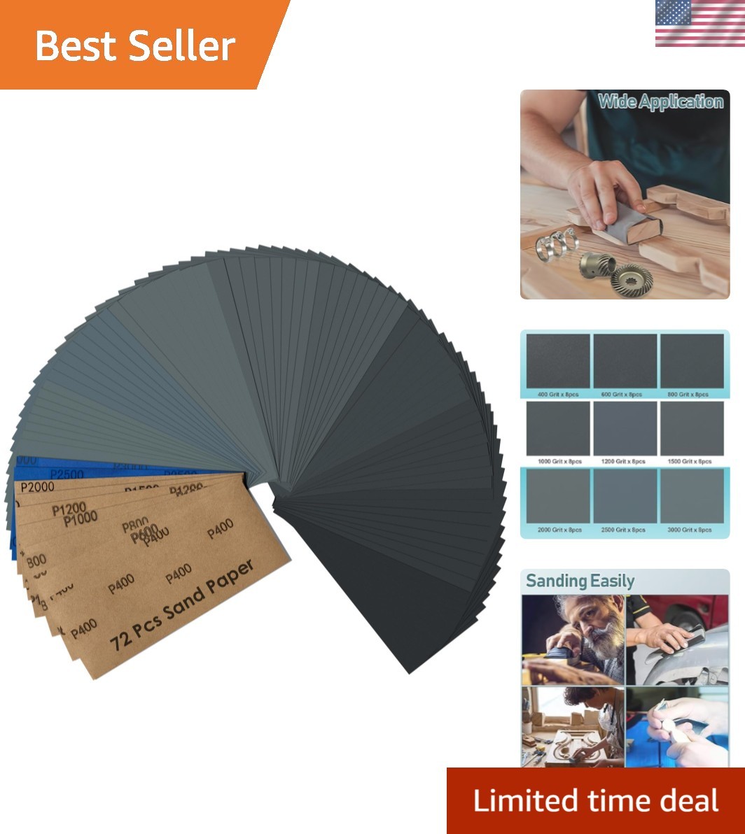 72PCS Wet Dry Sandpaper Assortment, 400-3000 Grit, 9 X 3.6 Inch