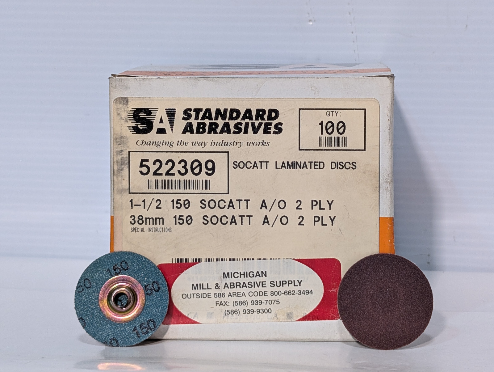 Standard Abrasives 100ct 522309 SOCATT Laminated Discs, 1-1/2″, 150 Grit, 2 Ply